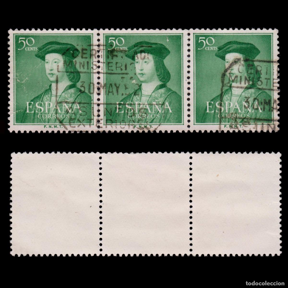 Sellos: 1952.Cent.Fernando Cat&oacute;lico.50c.Blq3.Matasello Ministerio.Edifil.1106