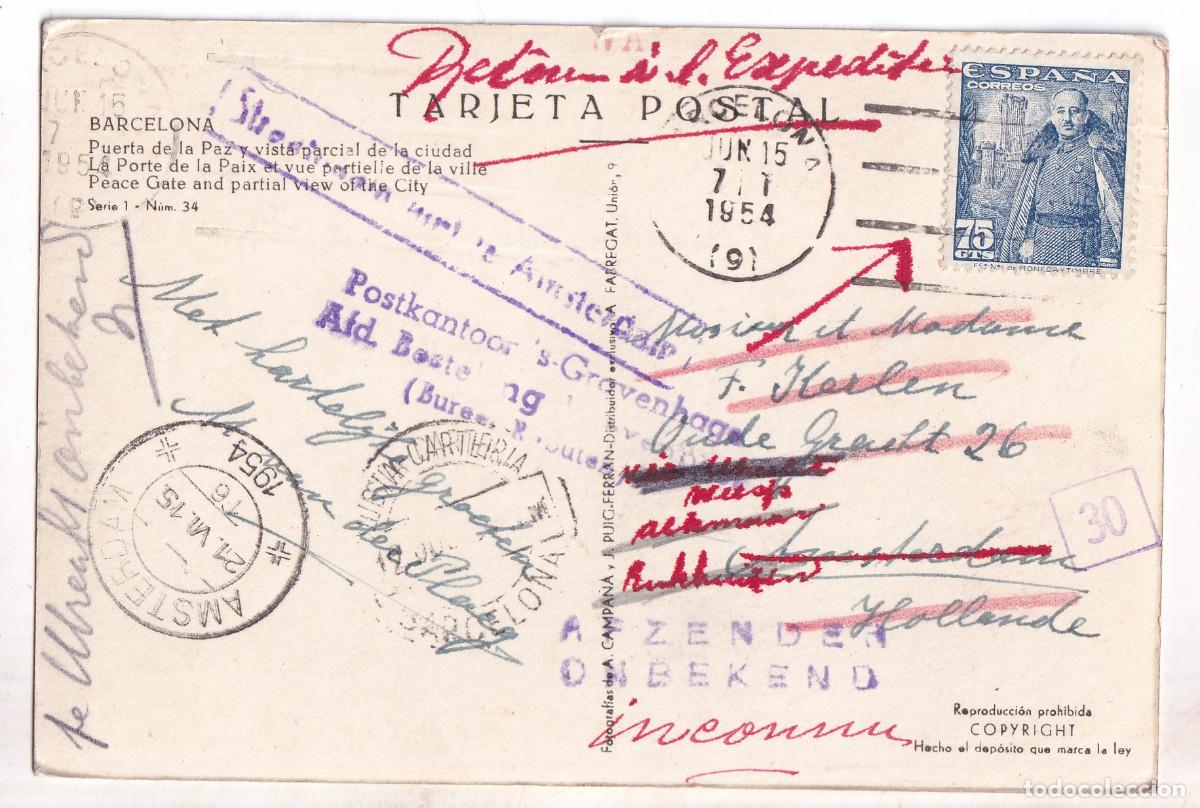Sellos: POSTAL. BARCELONA A HOLANDA. DEVUELTA AL REMITENTE. 1954 - Foto 1