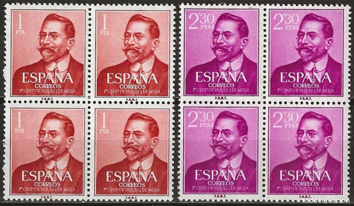 Sellos: ESPA&Ntilde;A 1961. EDIFIL 1351/1352. SERIE COMPLETA EN BLOQUE DE 4 &rdquo;JUAN V&Aacute;ZQUEZ DE MELLA&rdquo;. MNH***