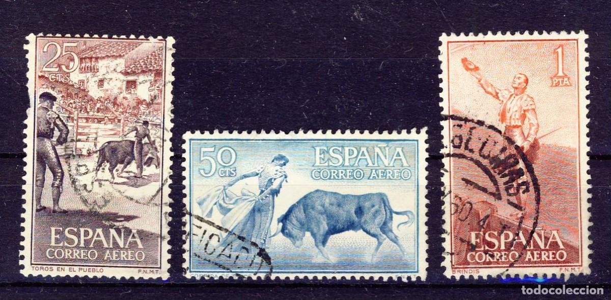 Sellos: 1960.- FIESTA NACIONAL.- TAUROMAQUIA.- CORREO A&Eacute;REO.- ED. 1266-67-68.- (3)