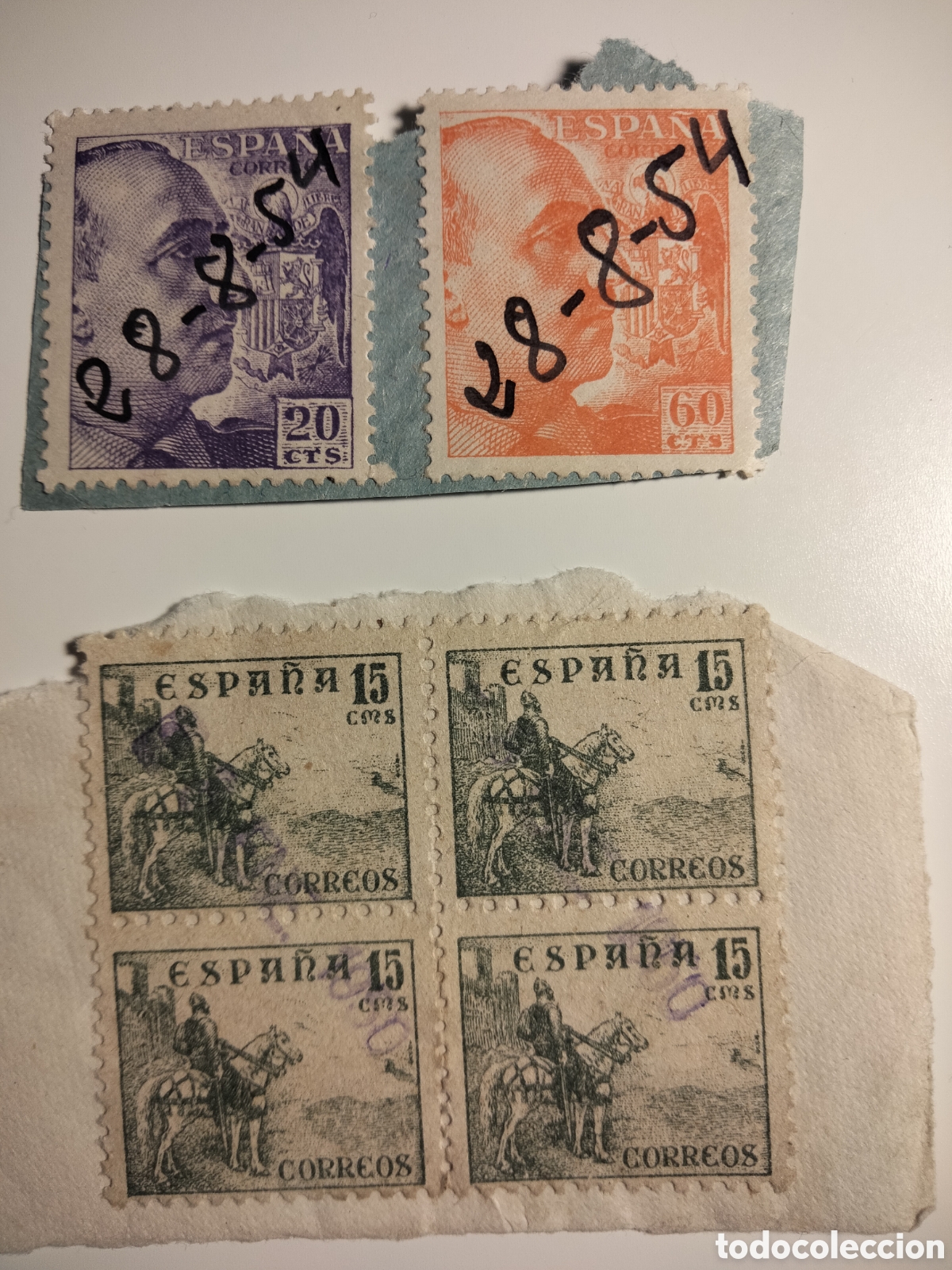 Stamps: 1,3,1. Fragmentos matasellados con fecha manuscrita. 1950 y 1954.