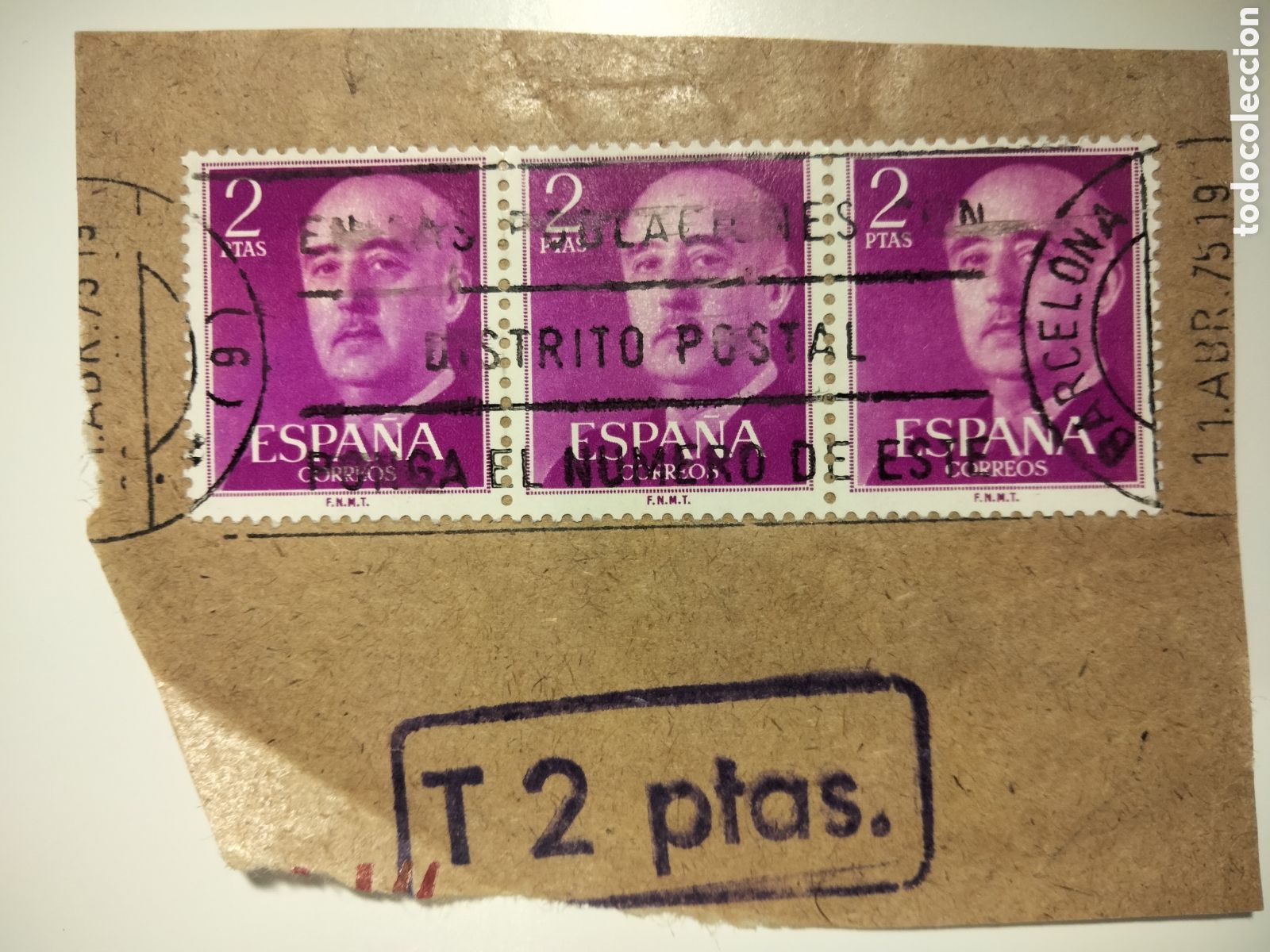 Timbres: 2,3. Fragmento con tasado de 2 pesetas