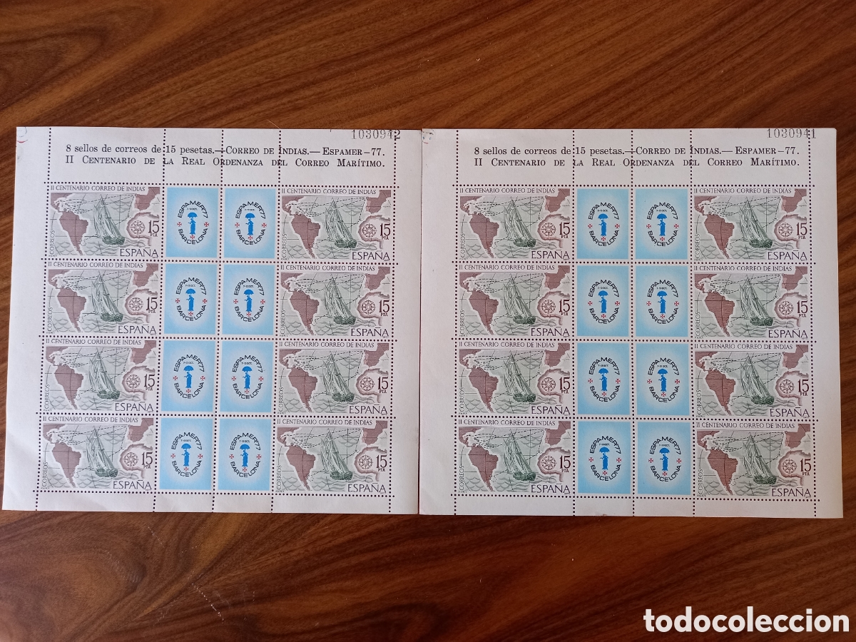 Timbres: II CENTENARIO CORREO MAR&Iacute;TIMO. 2 HOJAS CORRELATIVAS 8 sellos 15 ptas