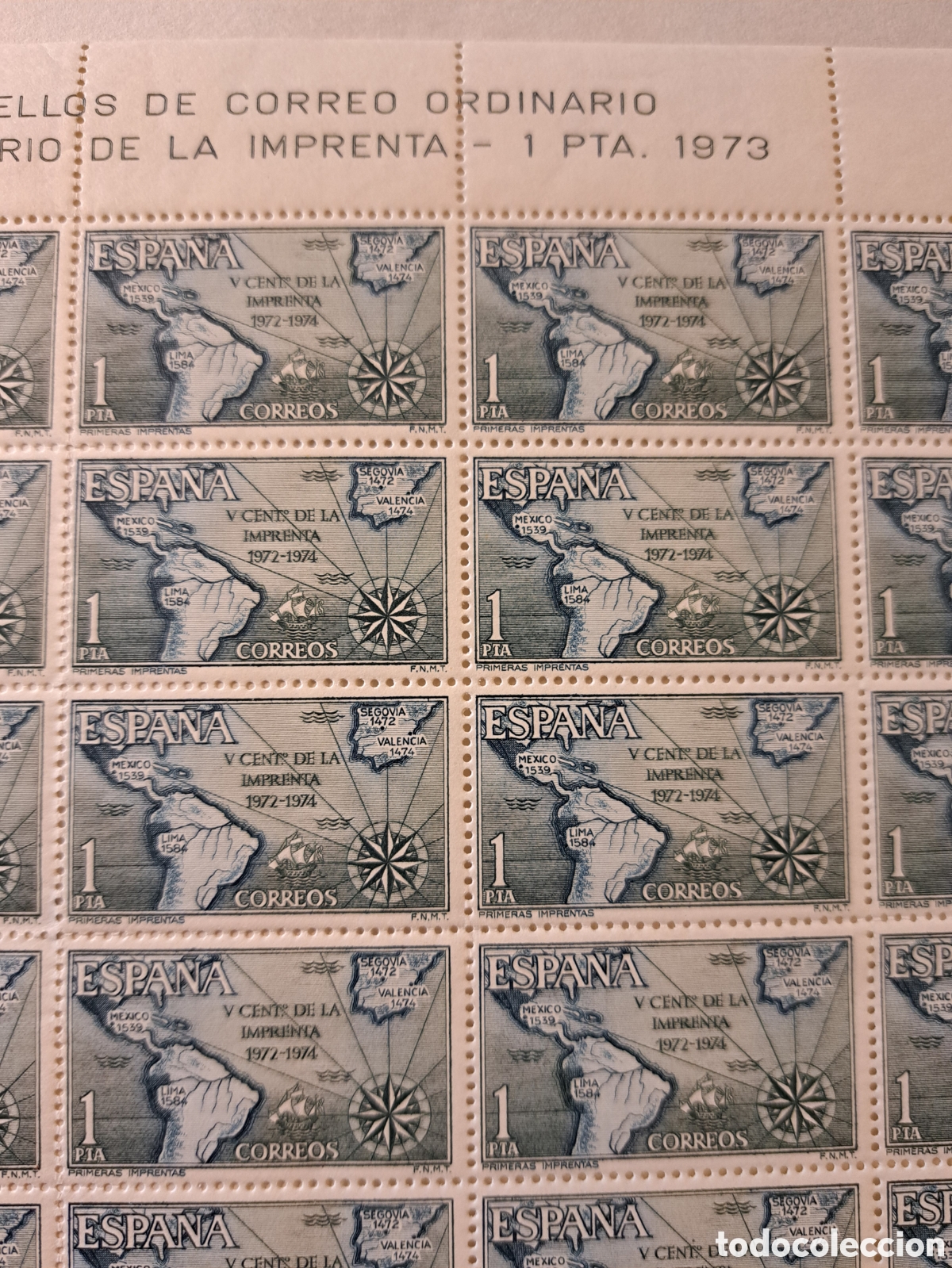Sellos: Pliego completo 25x1 pta V centenario de la imprenta 1973 - Foto 2