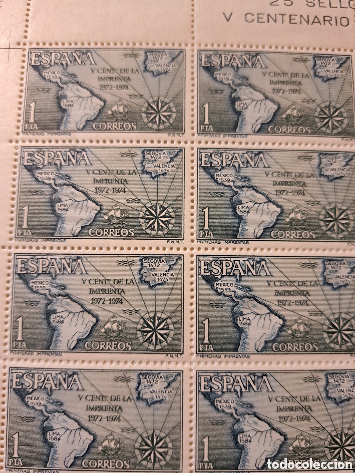 Sellos: Pliego completo 25x1 pta V centenario de la imprenta 1973 - Foto 3