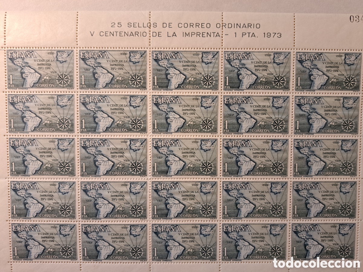 Sellos: Pliego completo 25x1 pta V centenario de la imprenta 1973 - Foto 1