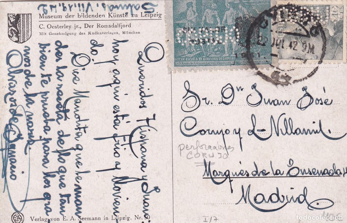 Sellos: PERFORADO CORUJO POSTAL CIRCULADA DE OVIEDO A MADRID 1942 - Foto 1