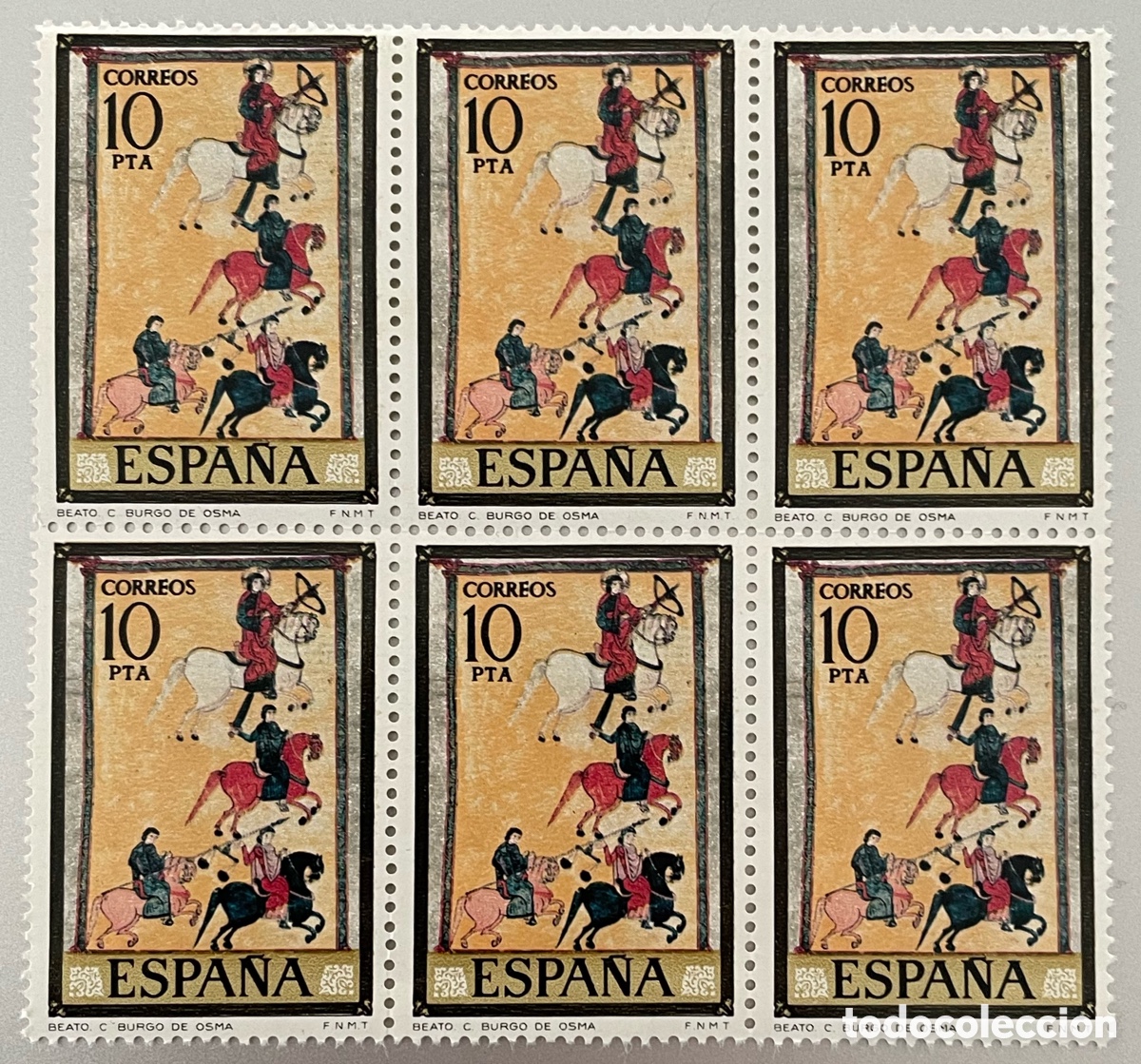 Sellos: Espa&ntilde;a. C&oacute;dices. Burgo de Osma. Bloque de 6. 1975 - Foto 1