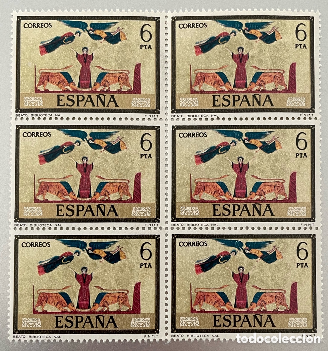 Sellos: Espa&ntilde;a. C&oacute;dices. Biblioteca Nacional. Bloque de 6. 1975 - Foto 1