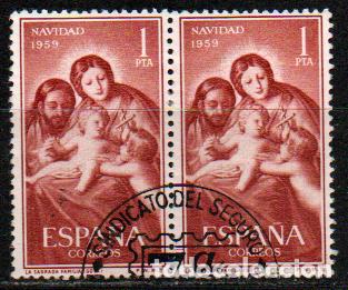 Stamps: Edifil n&ordm; 1253, Navidad 1959, La Sagrada Familia de Goya, usado en pareja