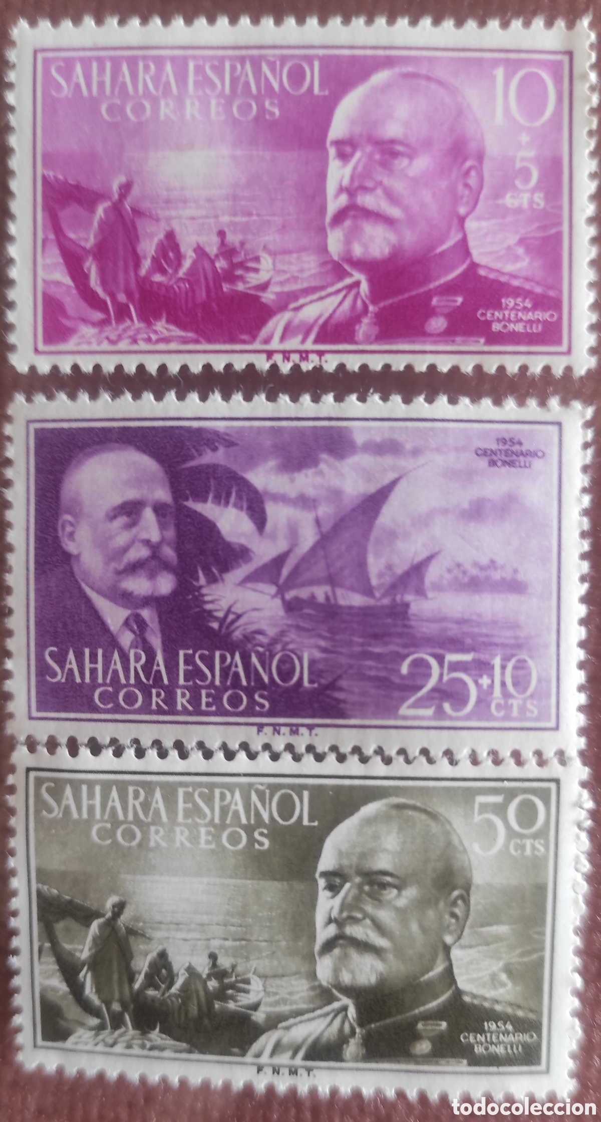 Sellos: 3 sellos sahara espa&ntilde;ol. Centenario Bonelli, 1954 - Foto 1