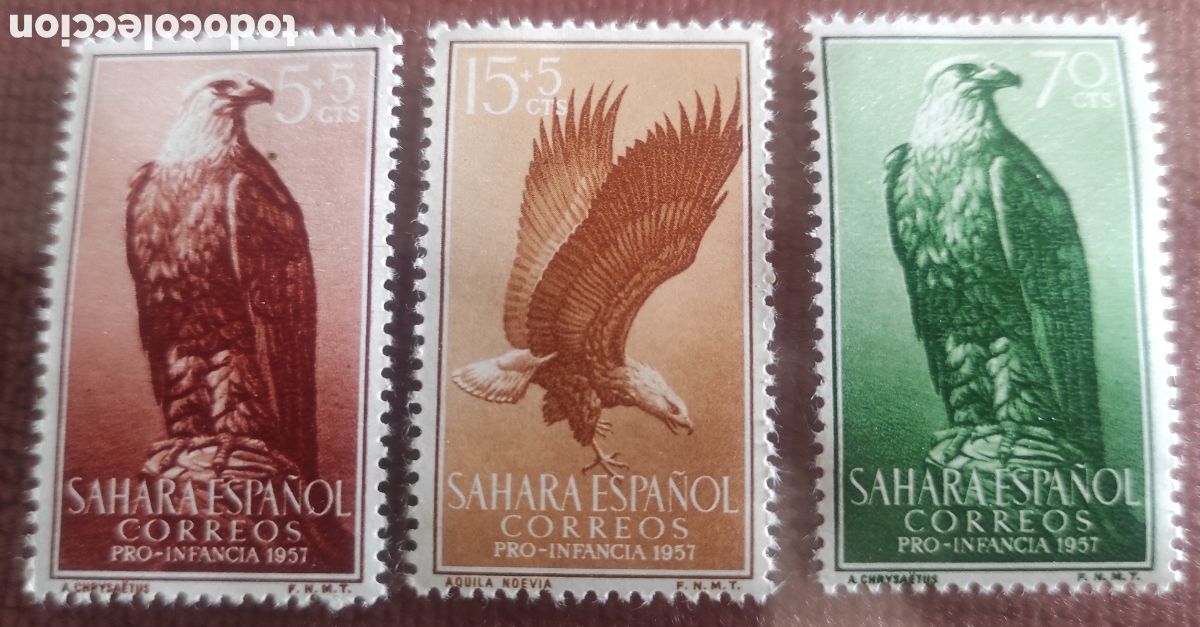 Timbres: 3 sellos sahara espa&ntilde;ol. Pro infancia 1957