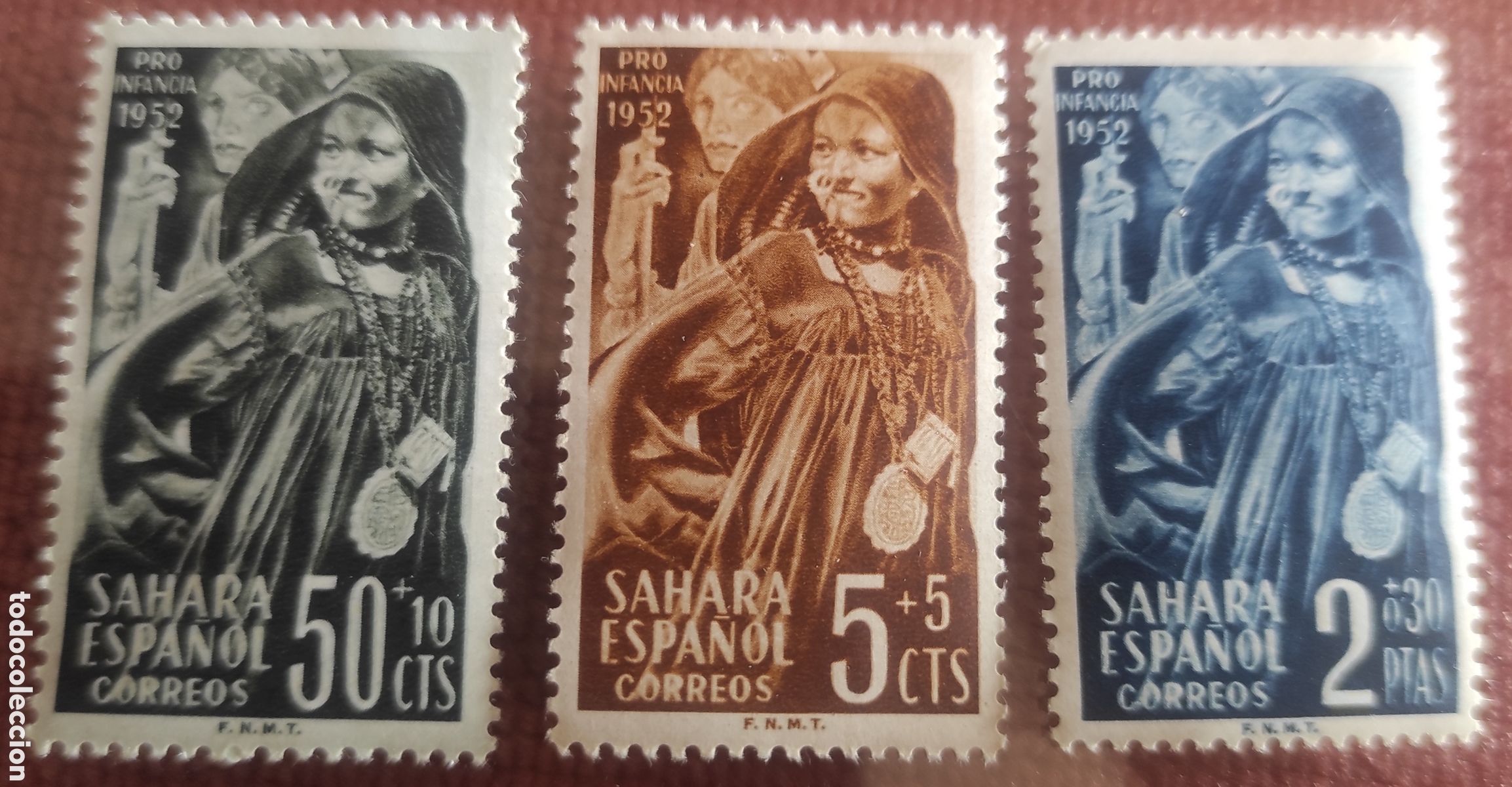 Timbres: 3 sellos sahara espa&ntilde;ol. Pro infancia 1952
