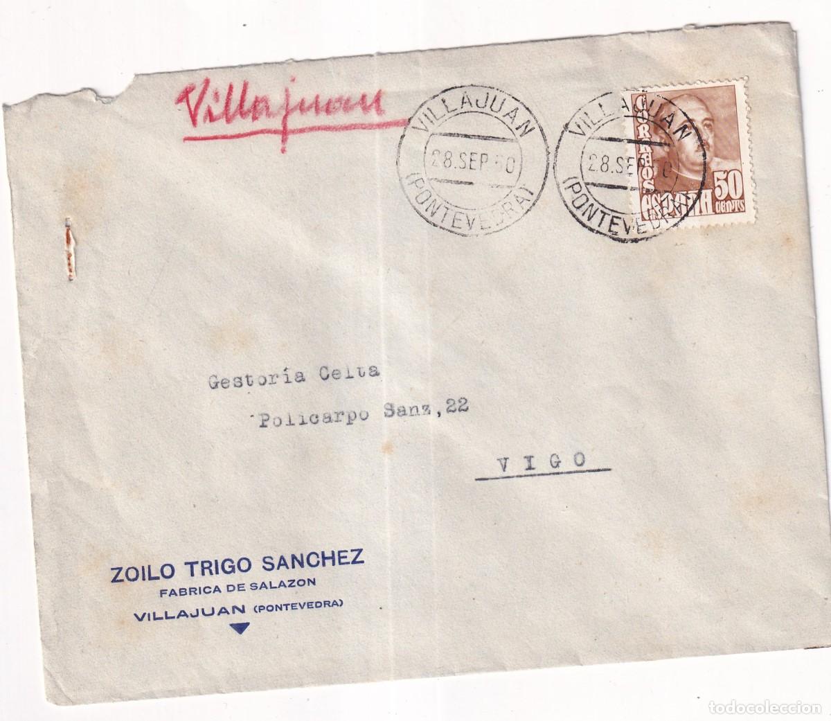 Sellos: Sobre circulado 1950 Zoilo Trigo S&aacute;nchez. F&aacute;brica de salaz&oacute;n. Villajuan. Pontevedra