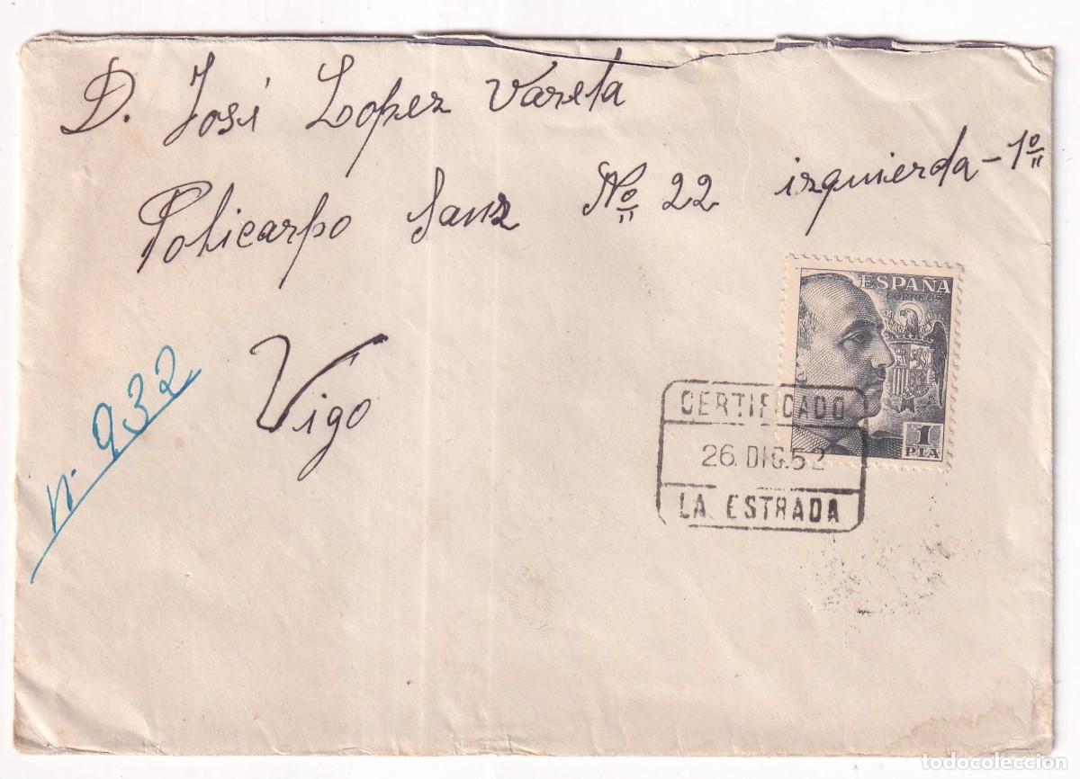 Sellos: Sobre circulado, certificado. La Estrada. Vi&ntilde;eta aportaci&oacute;n voluntaria.