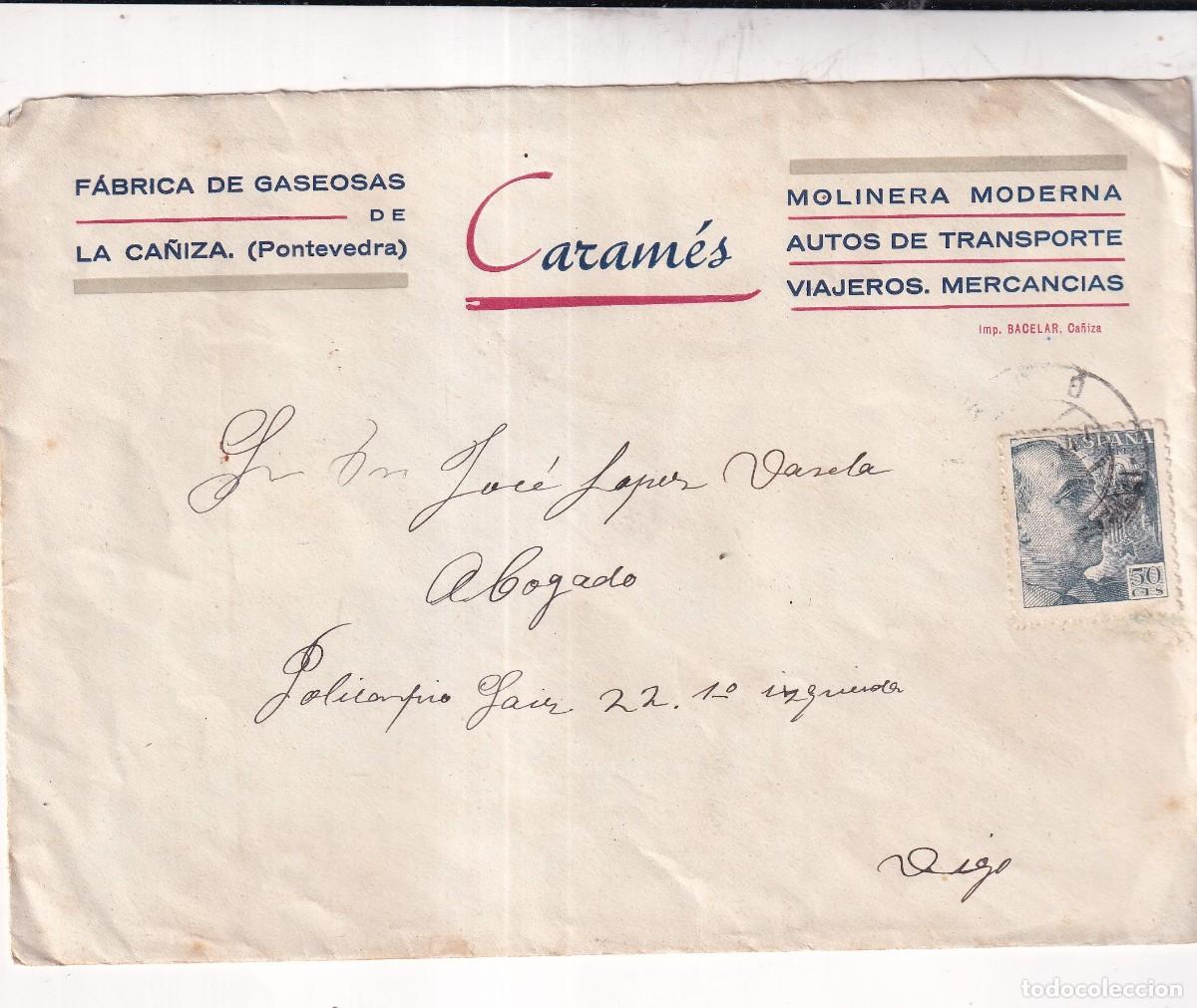 Sellos: Sobre F&aacute;brica de gaseosa de la Ca&ntilde;iza Pontevedra. Caram&eacute;s. Molinera moderna.