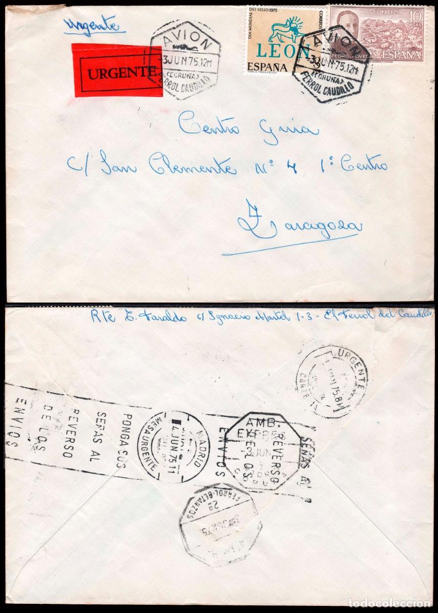 Sellos: Coru&ntilde;a - Edi o 2261+2181 - Mat &rdquo;Avi&oacute;n 3/Jun./75 - Ferrol&rdquo; urgente a Zaragoza