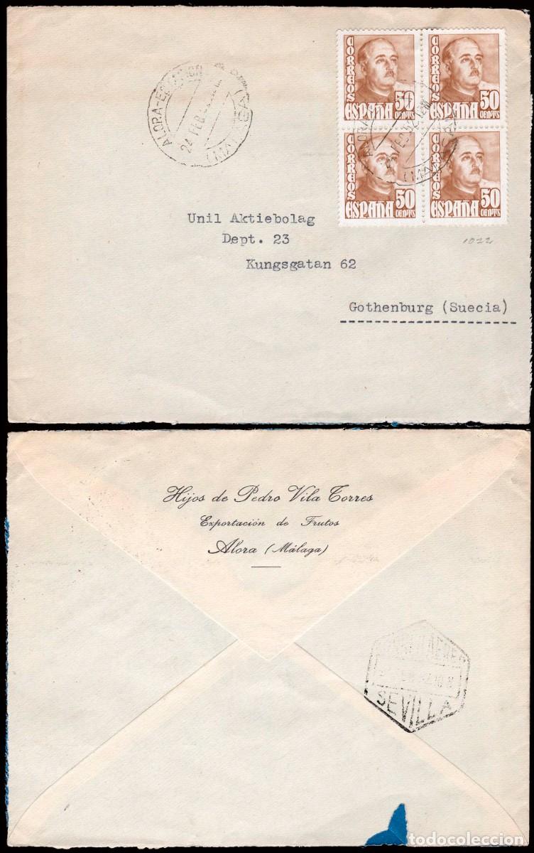 Sellos: M&aacute;laga - Edi o 1022 Bl. 4 - Sobre Mat &rdquo;Alora - Estaci&oacute;n 24/2/52&rdquo; a Suecia
