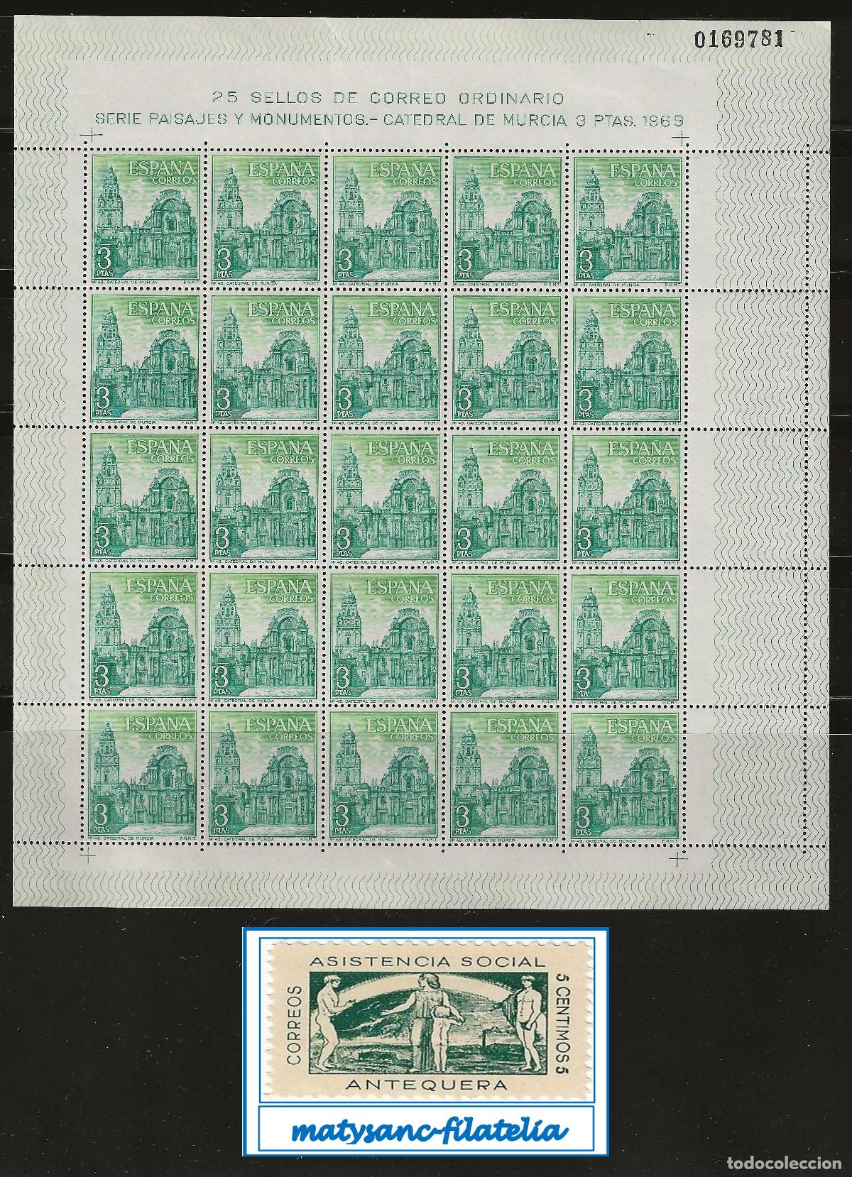Sellos: ESPA&Ntilde;A 1969. EDIFIL 1936 EN PLIEGO DE 25. &rdquo;CATEDRAL DE MURCIA&rdquo;. MNH***