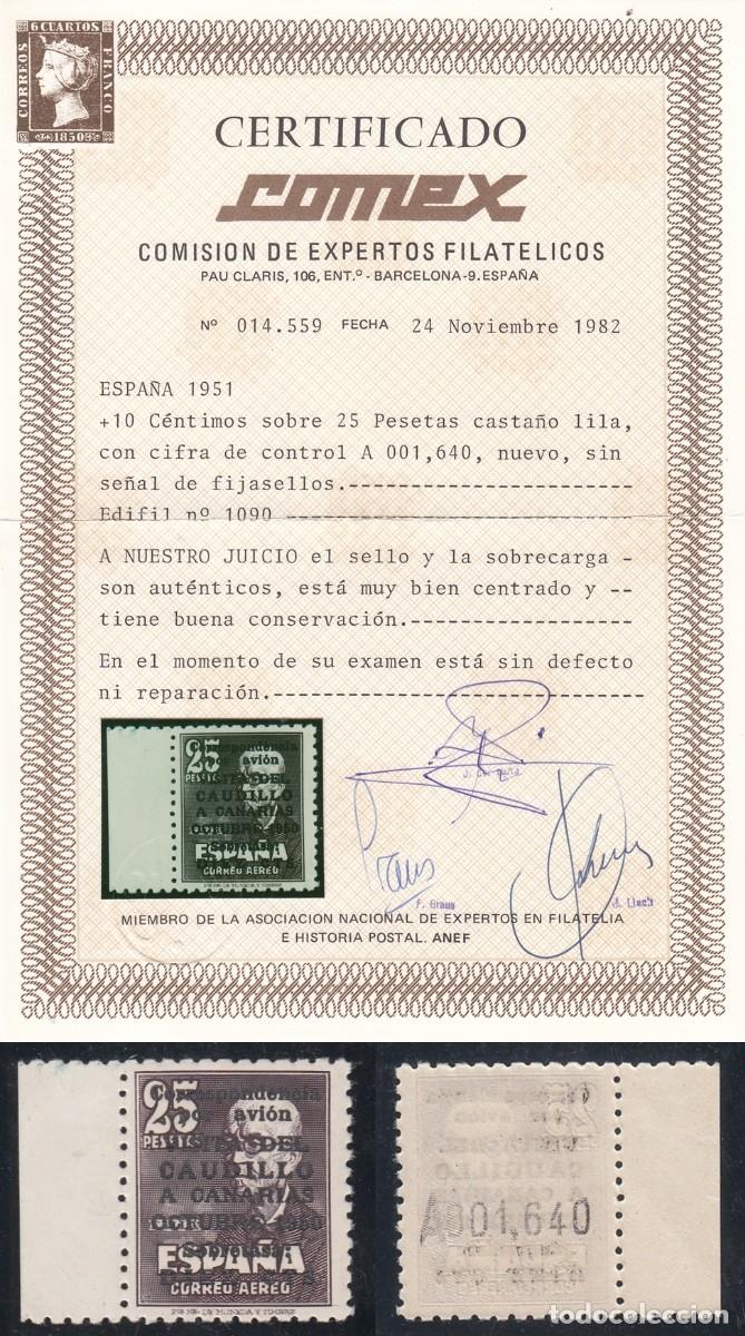 Timbres: ESPA&Ntilde;A 1951 VISITA DEL CAUDILLO A CANARIAS A&Eacute;REO EDIFIL 1090 ** MNH LUXE - CON CERTIFICADO COMEX