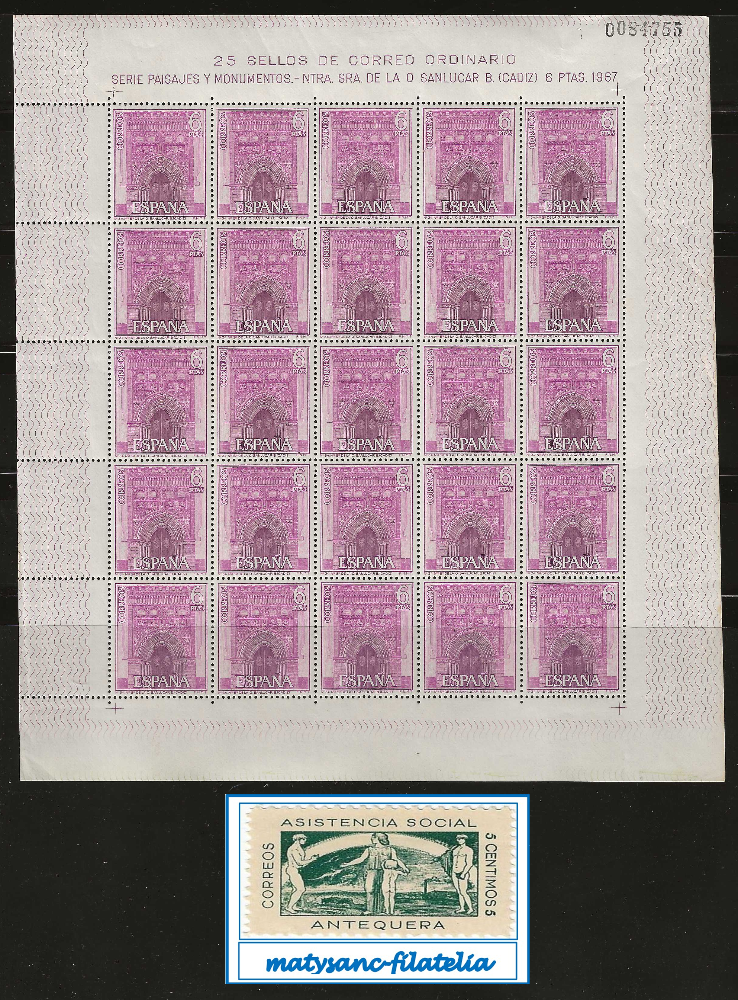 Sellos: ESPA&Ntilde;A 1967. EDIFIL 1808. PLIEGO DE 25 &rdquo;IGLESIA DE NUESTRA SE&Ntilde;ORA DE LA O&rdquo;. MNH***