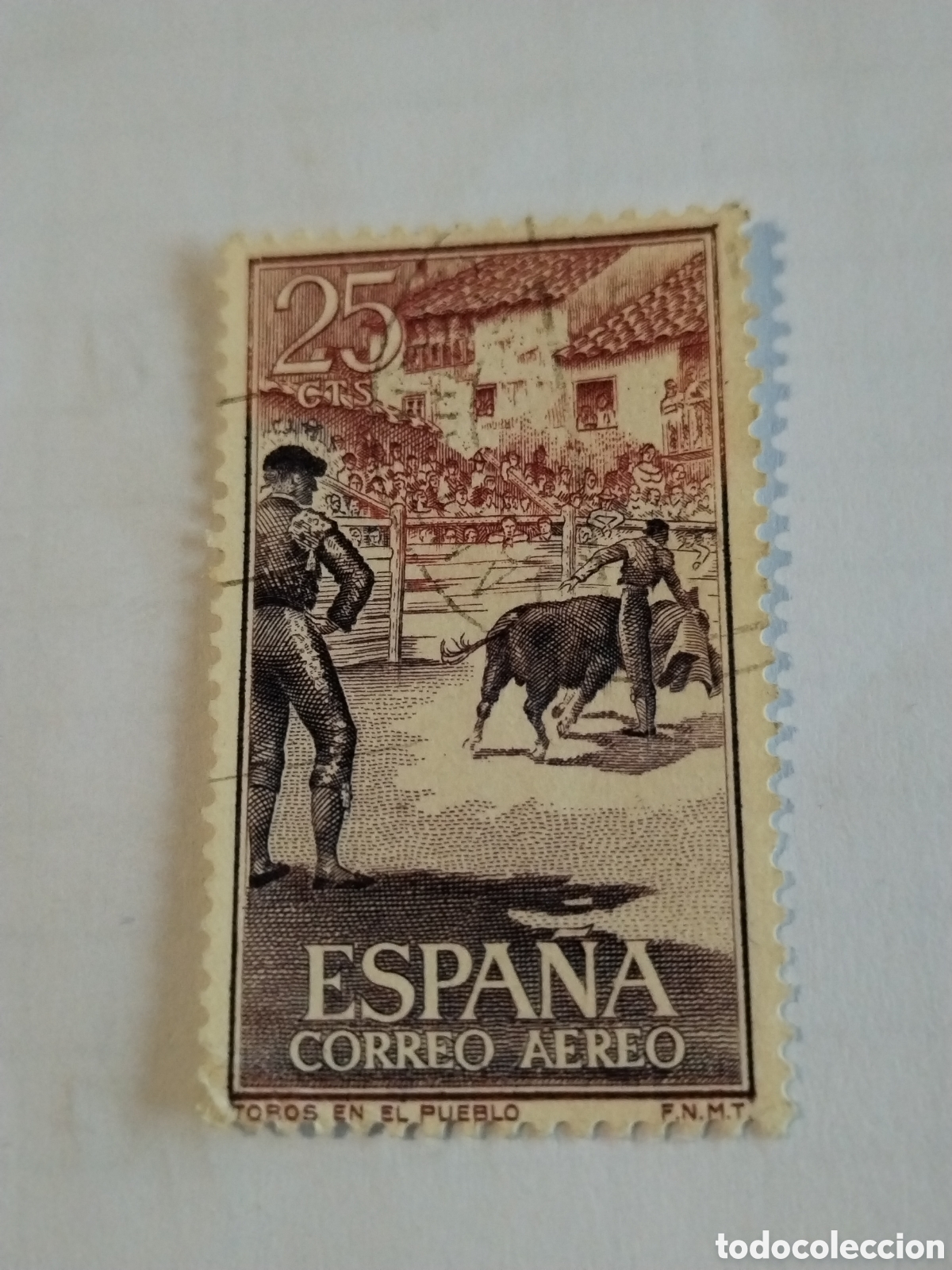 Sellos: Sello Espa&ntilde;a correo a&eacute;reo 1960 Edifil 1266 Toros en el pueblo