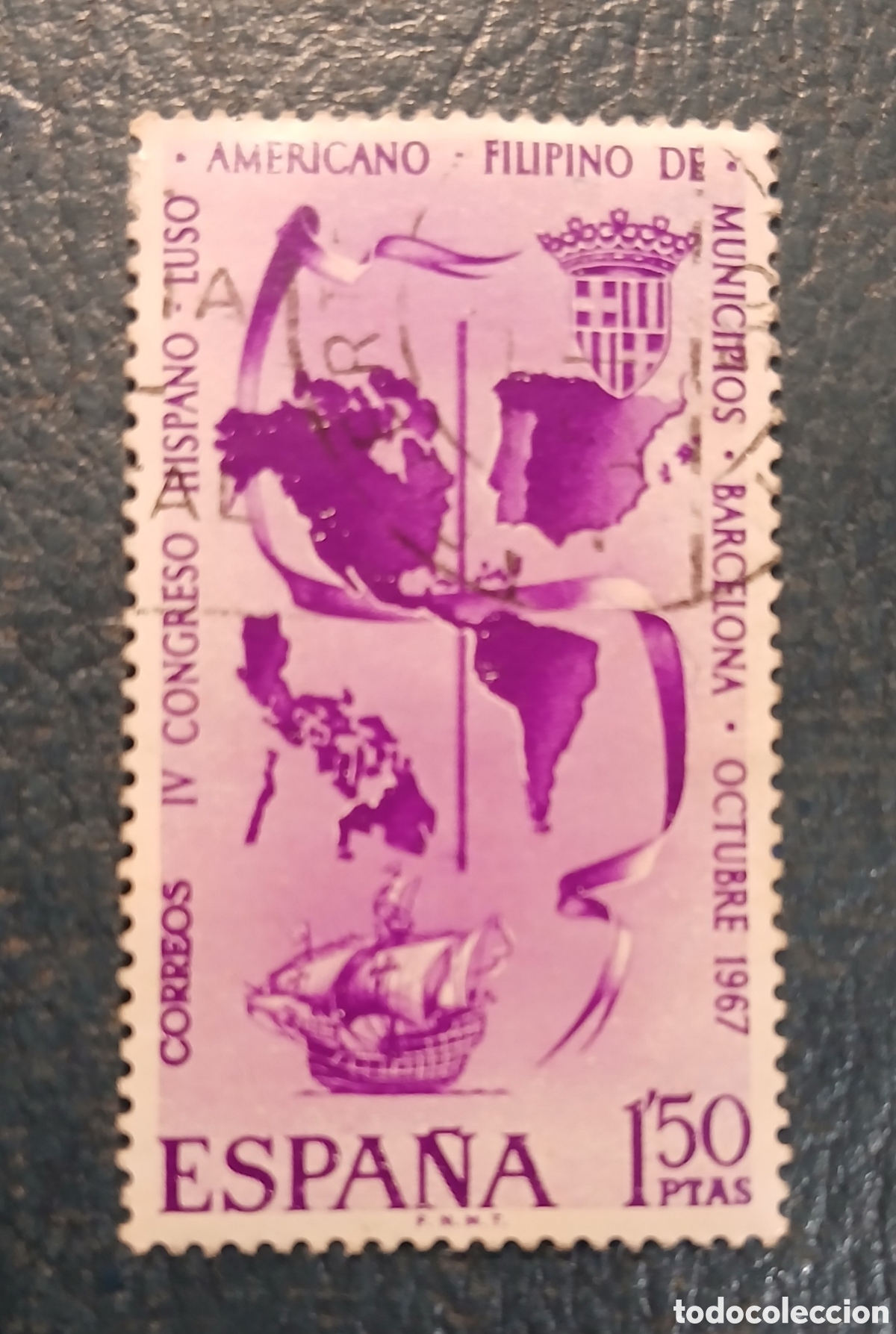 Sellos: 1 sello Espa&ntilde;a 1967 Congreso Hispano L'uso, Americano, Filipino de municipios