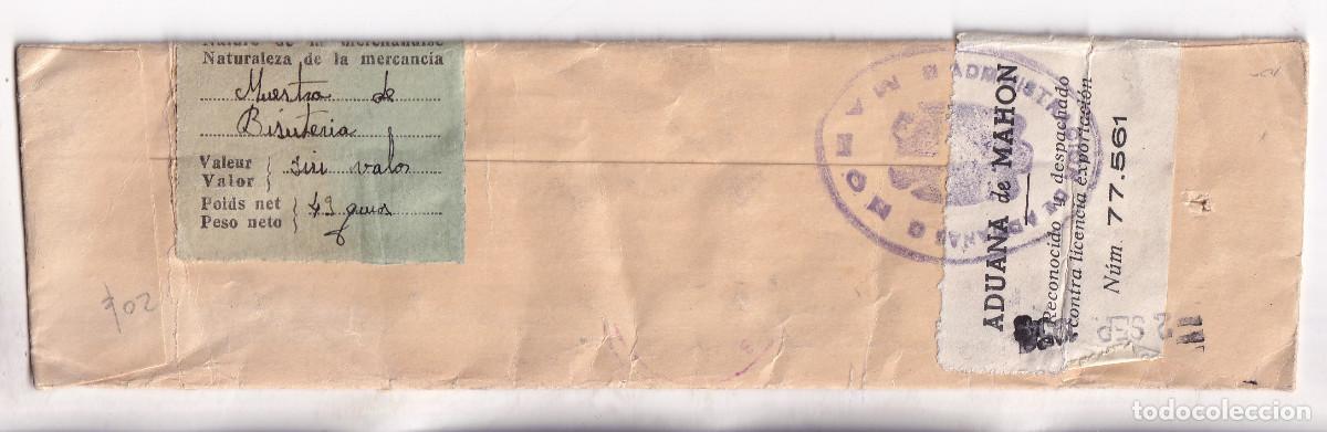 Sellos: SOBRE. MAH&Oacute;N. BALEARES. 1954. ADUANA. TASADA - Foto 2