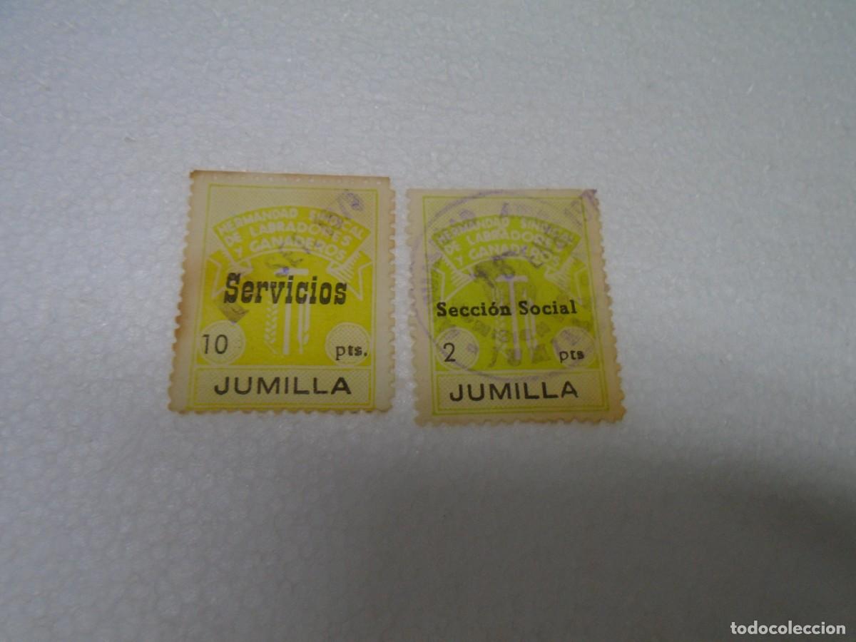 Sellos: JUMILLA(MURCIA)HDAD.SINDICAL DE LABRADORES Y GANADEROS.VI&Ntilde;ETAS DE 10 PTS Y 2 PTS.