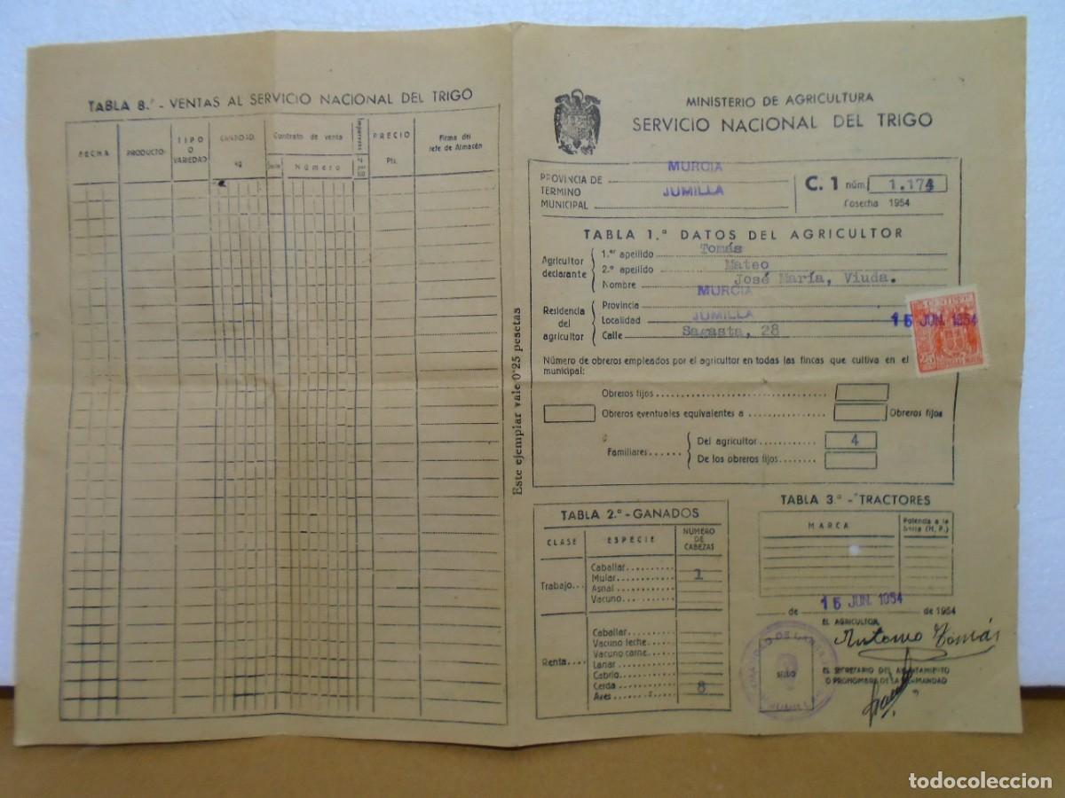 Sellos: JUMILLA(MURCIA)SERVICIO NACIONAL DEL TRIGO.DECLARACION COSECHA 1955.VI&Ntilde;ETAS.