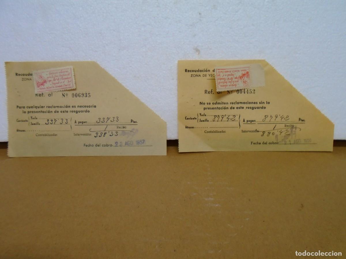 Sellos: JUMILLA(MURCIA)RECAUDACION DE HACIENDA.RESGUARDOS DE PAGO 1956-57.CON VI&Ntilde;ETAS DE 1PTS.