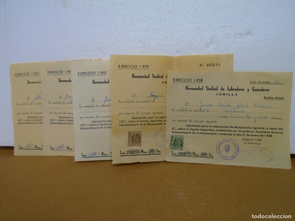 Sellos: JUMILLA(MURCIA)HERMANDAD SINDICAL DE LABRADORES Y GANADEROS.RECIBOS 1958-59-60-61-62.