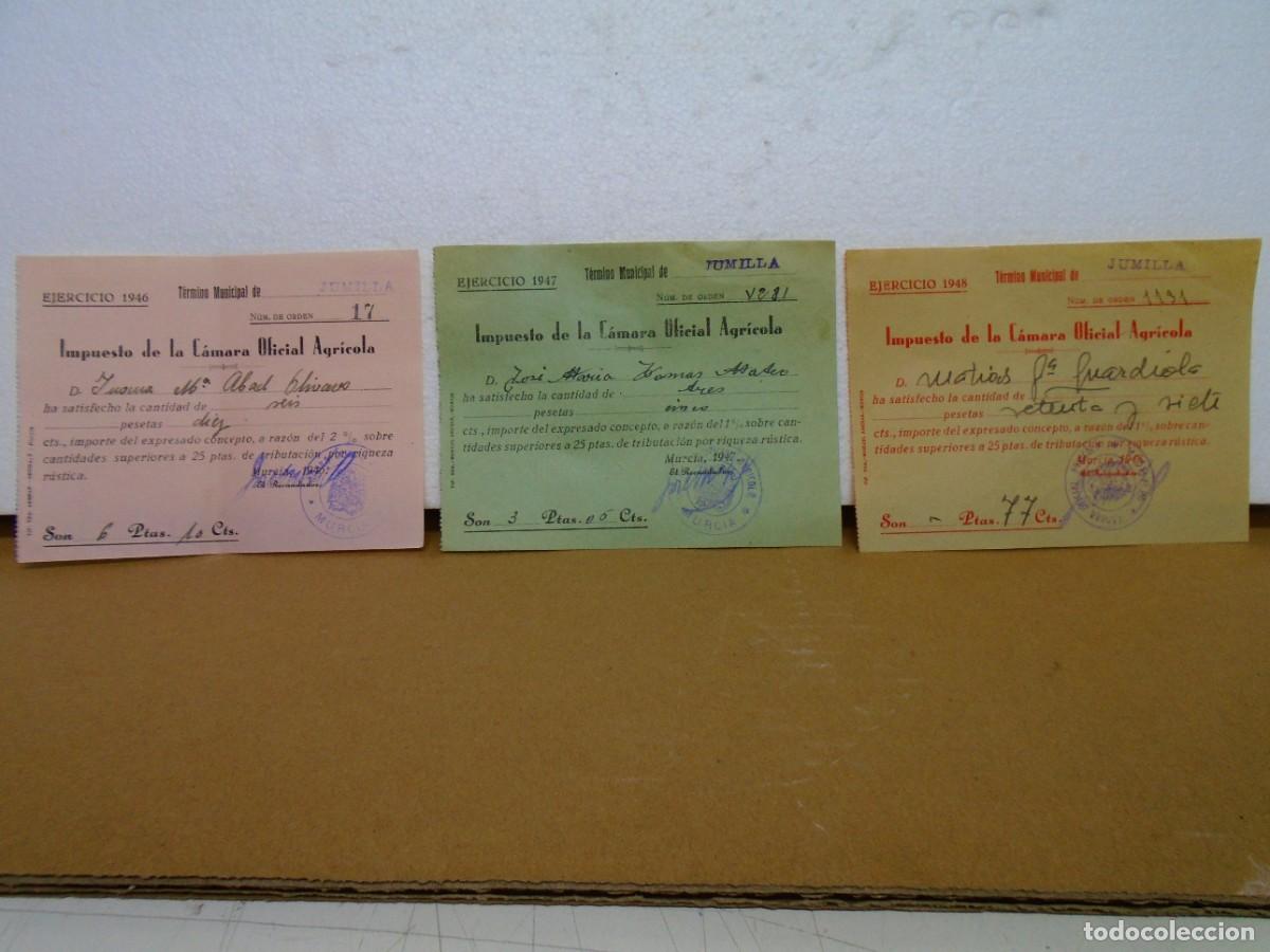 Sellos: JUMILLA(MURCIA)IMPUESTOS DE LA CAMARA OFICIAL AGRICOLA 1946-47-48.VI&Ntilde;ETAS REVERSO.