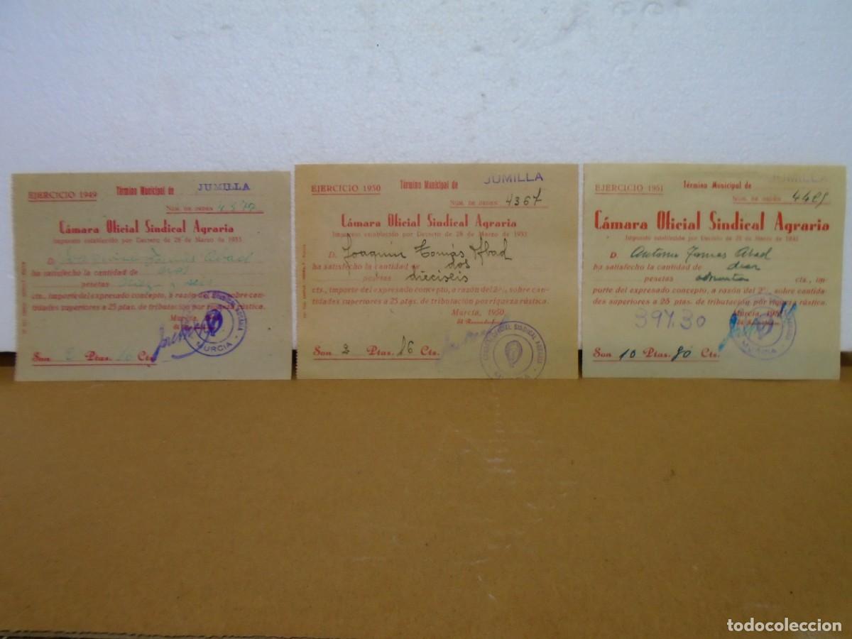 Sellos: JUMILLA(MURCIA)CAMARA OFICIAL SINDICAL AGRARIA. 1949-50-51.