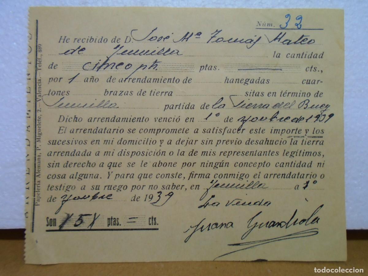 Sellos: JUMILLA(MURCIA)RECIBO DE ARRENDAMIENTO DE TIERRA EN EL PARASE DE LA SIERRA DEL BUEY.1939.