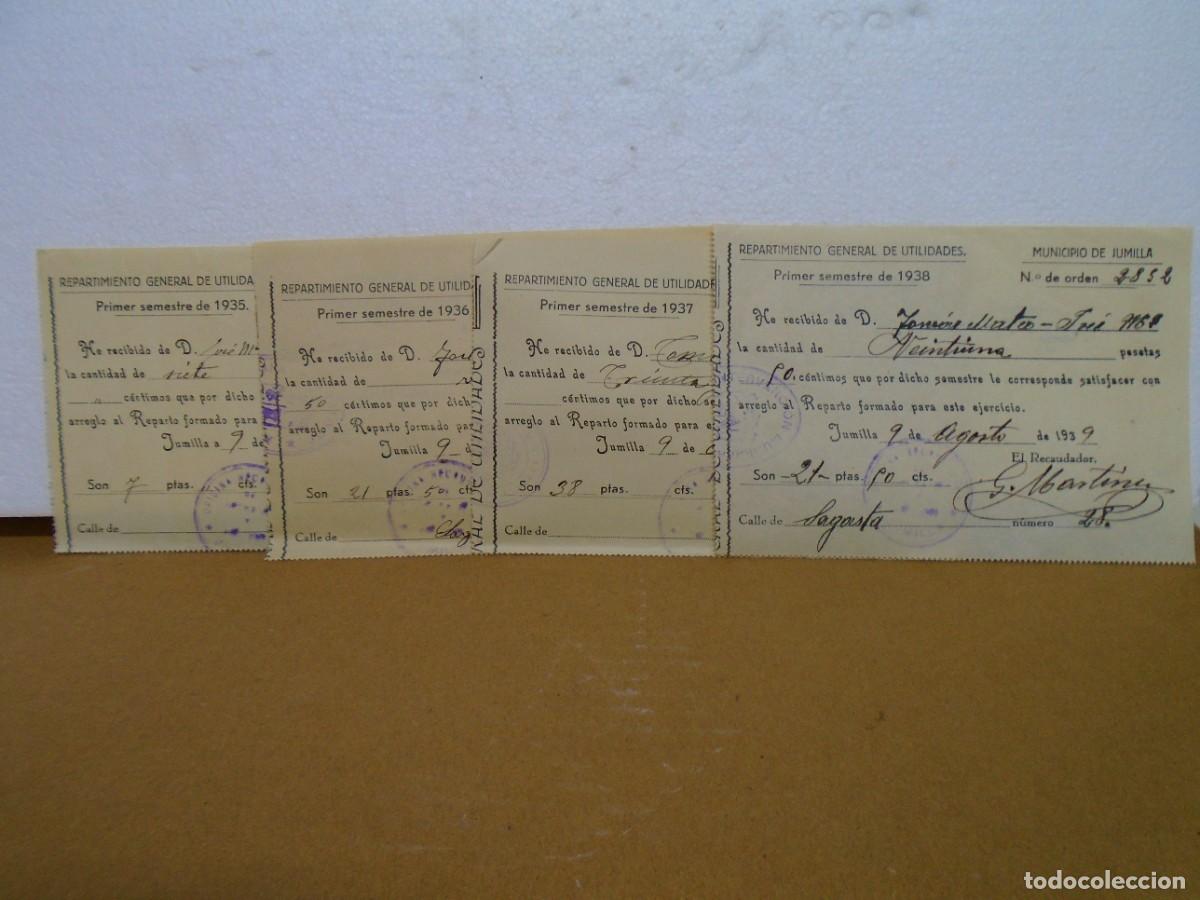 Sellos: JUMILLA(MURCIA)RECIBOS DE REPARTAMIENTO GENERAL DE UTILIDADES 1935-36-37-38(GUERRA CIVIL)