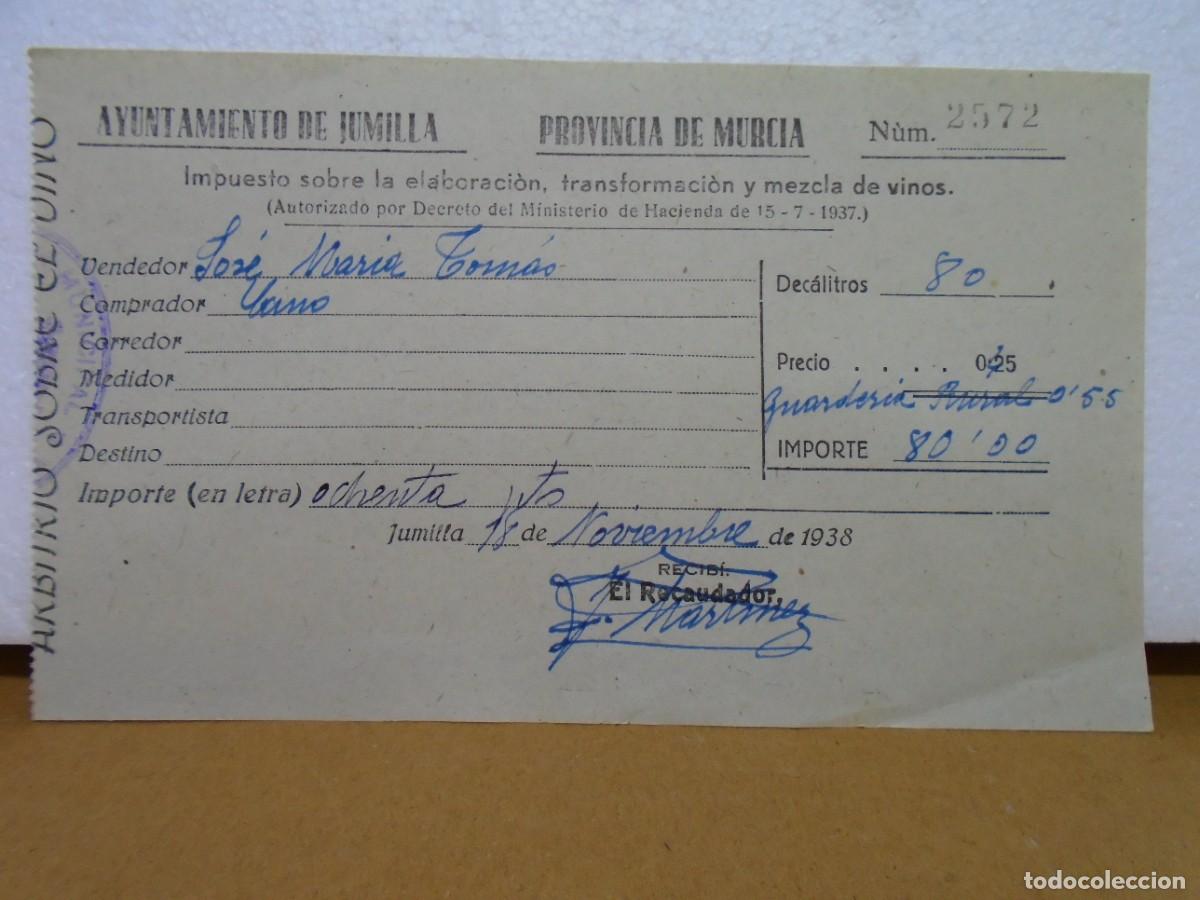 Sellos: JUMILLA(MURCIA)IMPUESTO SOBRE LA ELABORACION,TRANSFORMACION Y MEZCLA DE VINOS 18/11/1938(GUERRA CIVI