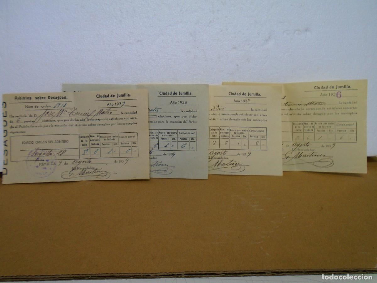 Sellos: JUMILLA(MURCIA)ARBITRIOS SOBRE DESAGUES.RECIBOS 1936-37-38-39.(GUERRA CIVIL)
