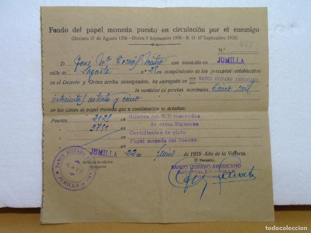 Sellos: JUMILLA(MURCIA)BANCO HISPANO AMERICANO. FONDO PAPEL MONEDA PUESTO EN CIRCULACION POR EL ENEMIGO 1939