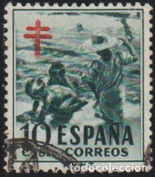 Sellos: Espa&ntilde;a 1951 Edifil 1104 Sello &ordm; Pro tuberculosos Ni&ntilde;os en la Playa Sorolla Cruz de Lorena en rojo ZC