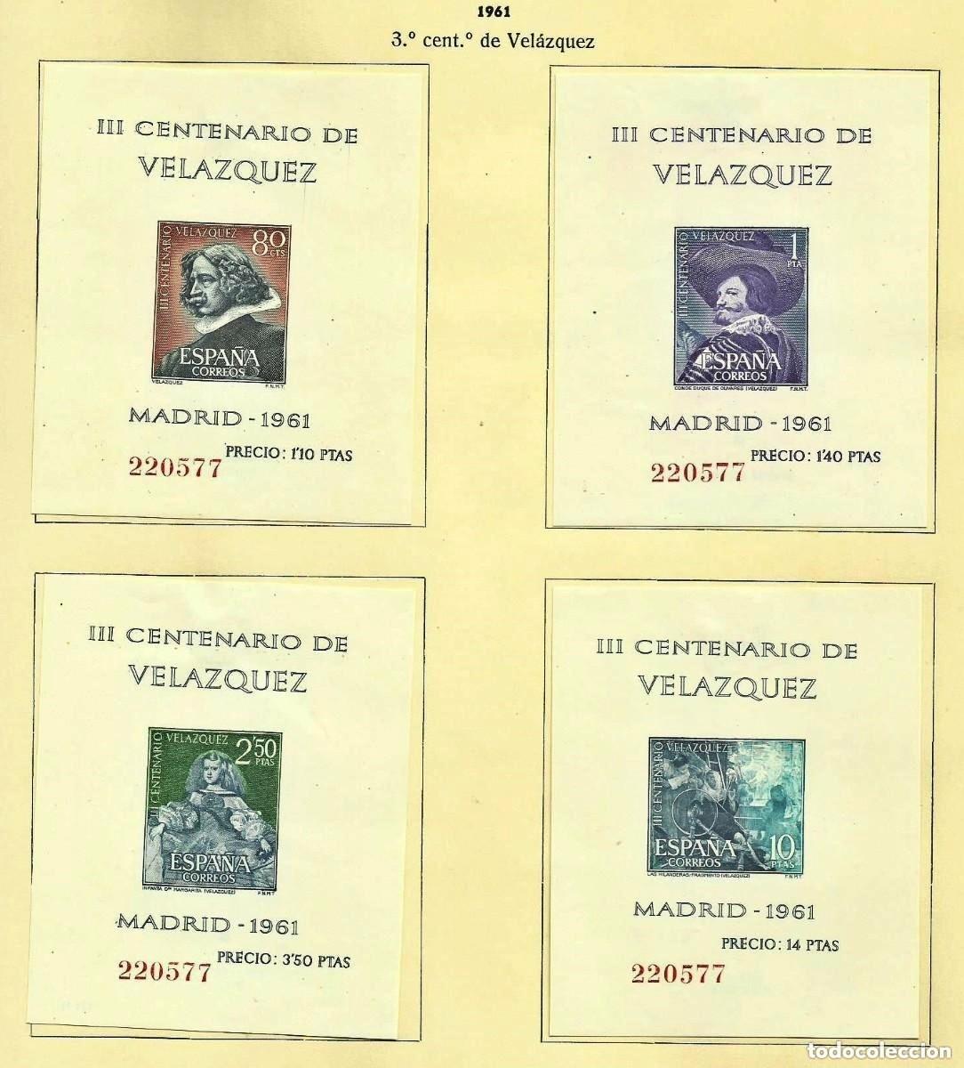 Sellos: ESPA&Ntilde;A 1961 - CENT MUERTE DE VELAZQUEZ - EDIFIL 1344/1347* HOJITAS BLOQUE MISMA NUMERACION