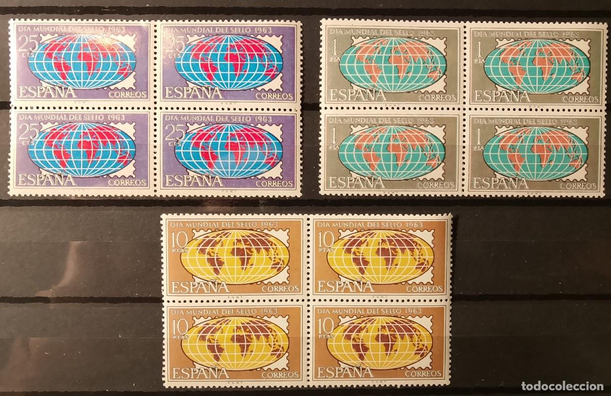 Briefmarken: Sellos en bloque de 4. Edifil 1509/1511. D&iacute;a Mundial del Sello. 1963.