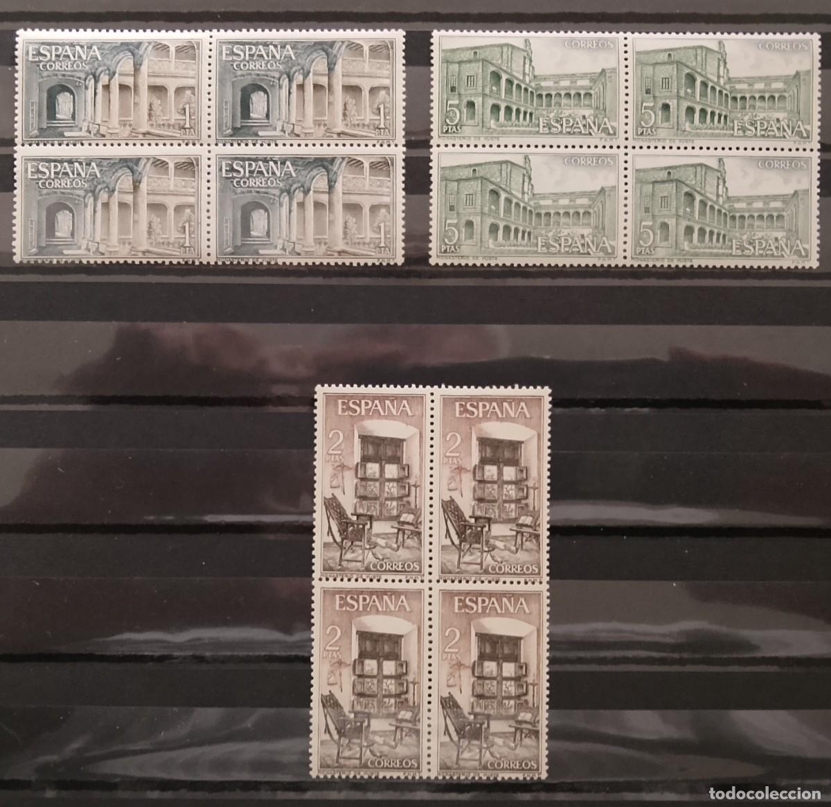Sellos: Sellos en bloque de 4. Edifil 1686/1688. Monasterio de Yuste. 1965.