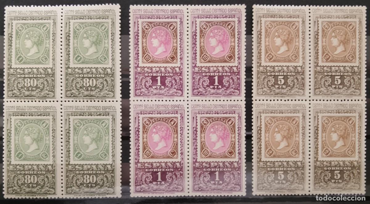 Stamps: Sellos en bloque de 4. Edifil 1689/1691. Centenario del Sello Dentado. 1965.