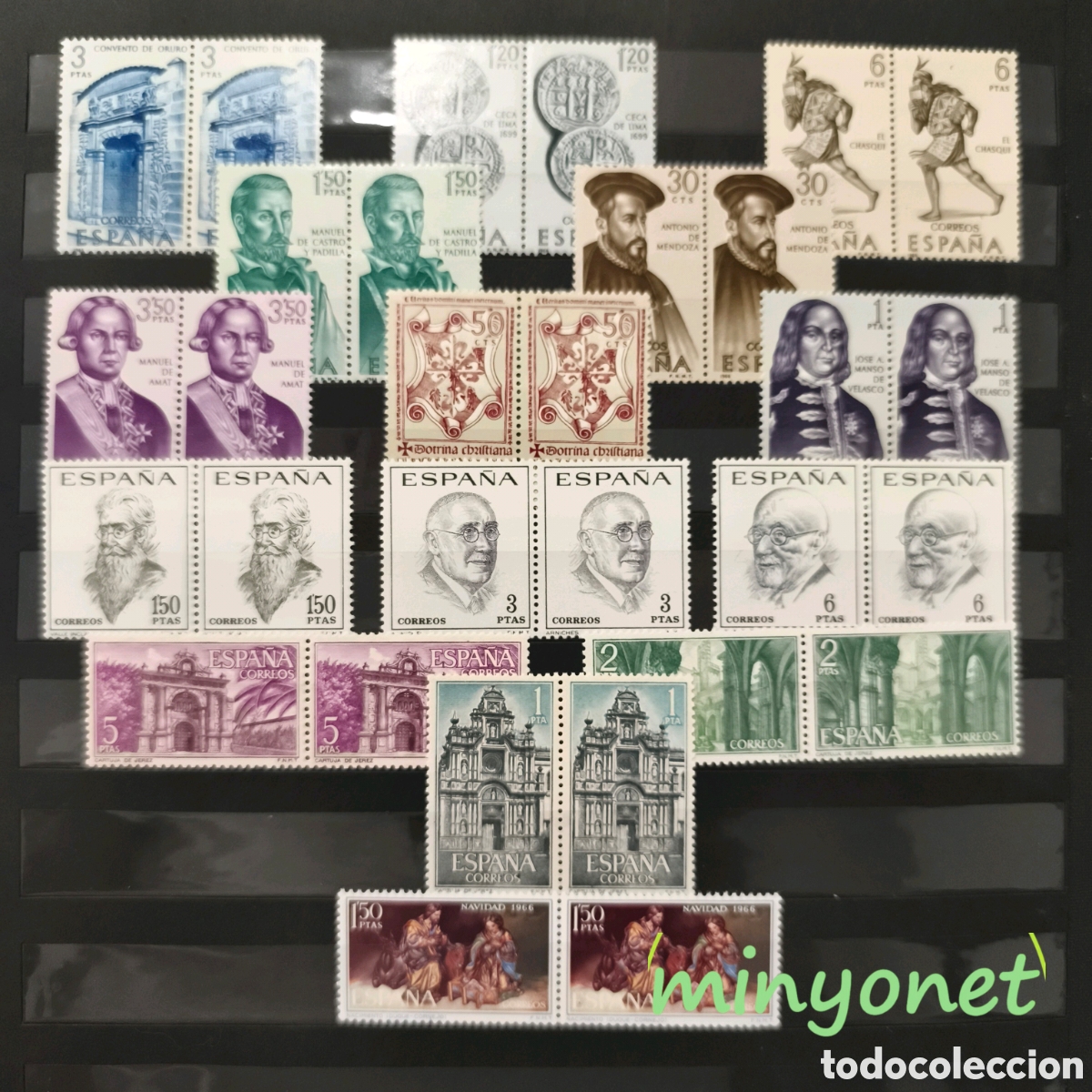 Stamps: 15 bloques de 2 sellos de 1966 - 1750 - 1764. Forjadores - Literatos - cartuja Jerez