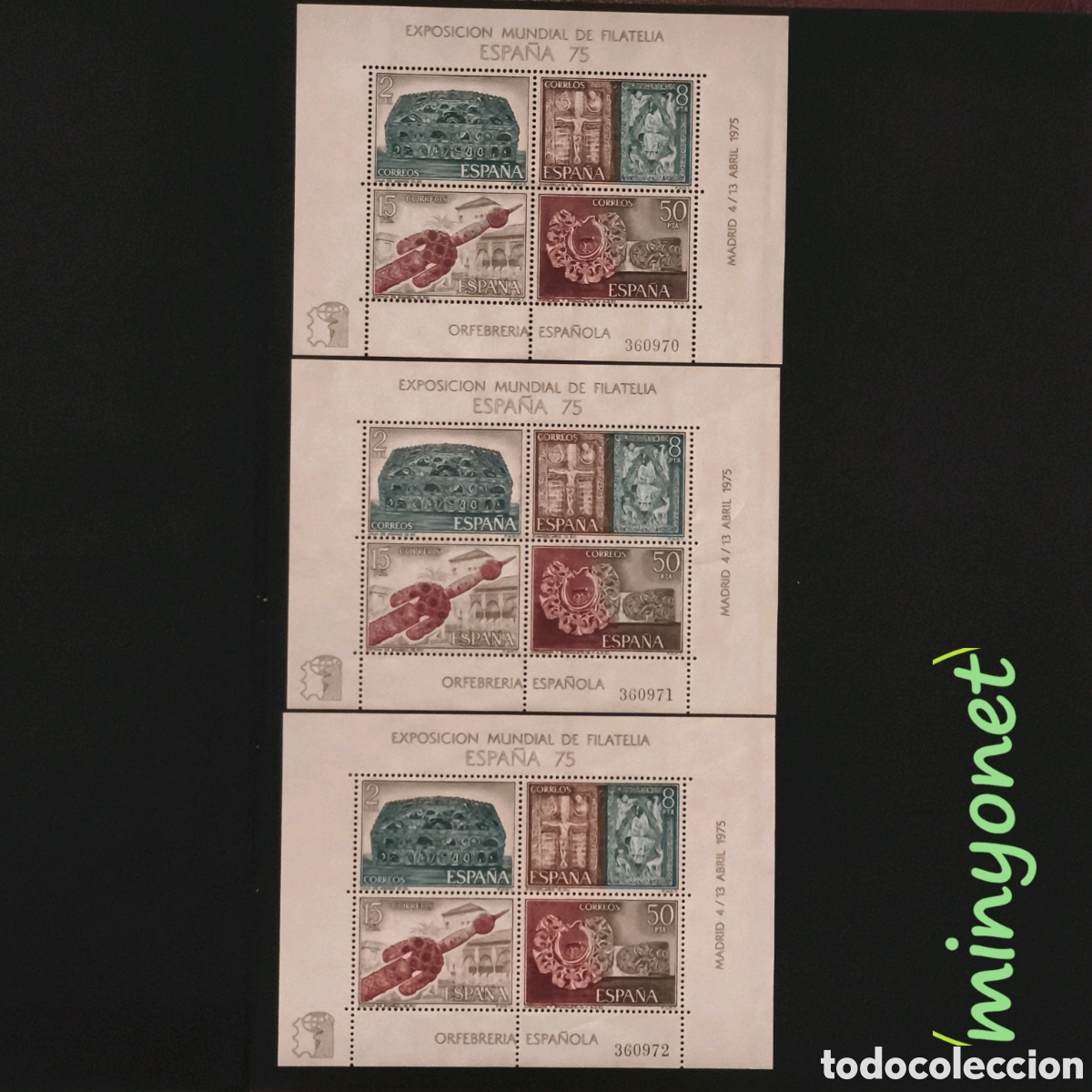 Sellos: 3 hojas bloque 2252 Exposicion Mundial Filat&eacute;lia 1975 - numeraci&oacute;n correlativa