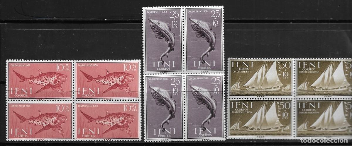 Sellos: IFNI 1958, EDIFIL 149/151 EN BLOQUE DE 4. - D&Iacute;A DEL SELLO. MNH.
