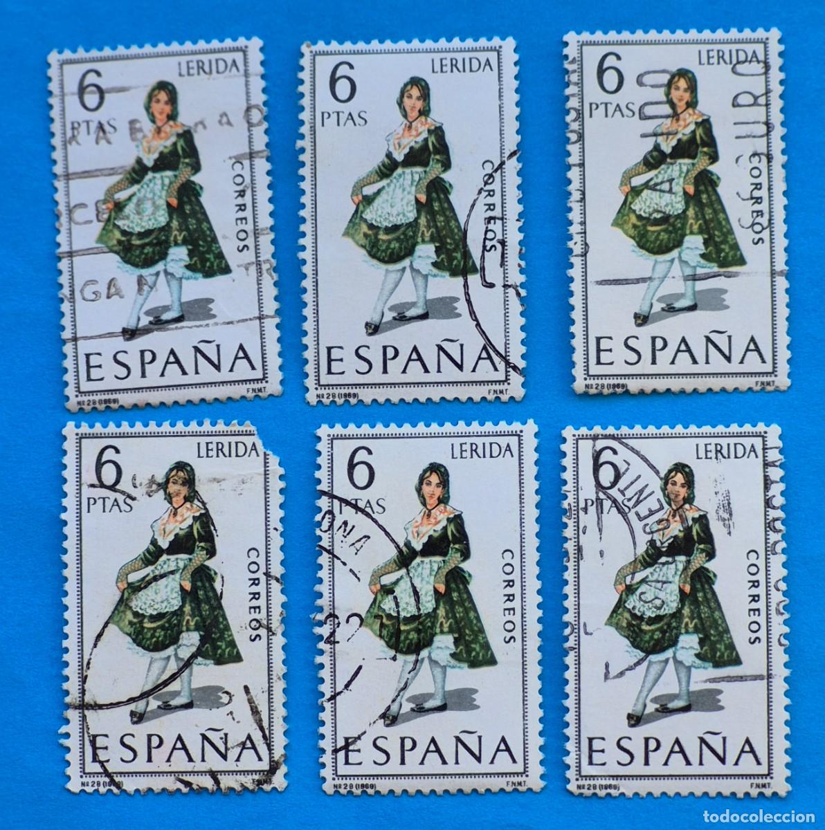 Sellos: TRAJES REGIONALES&ndash; L&Eacute;RIDA n&ordm; 28 - 6 pta.-ESPA&Ntilde;A 1969 -EDIFIL 1901 usado-lote 6 sellos