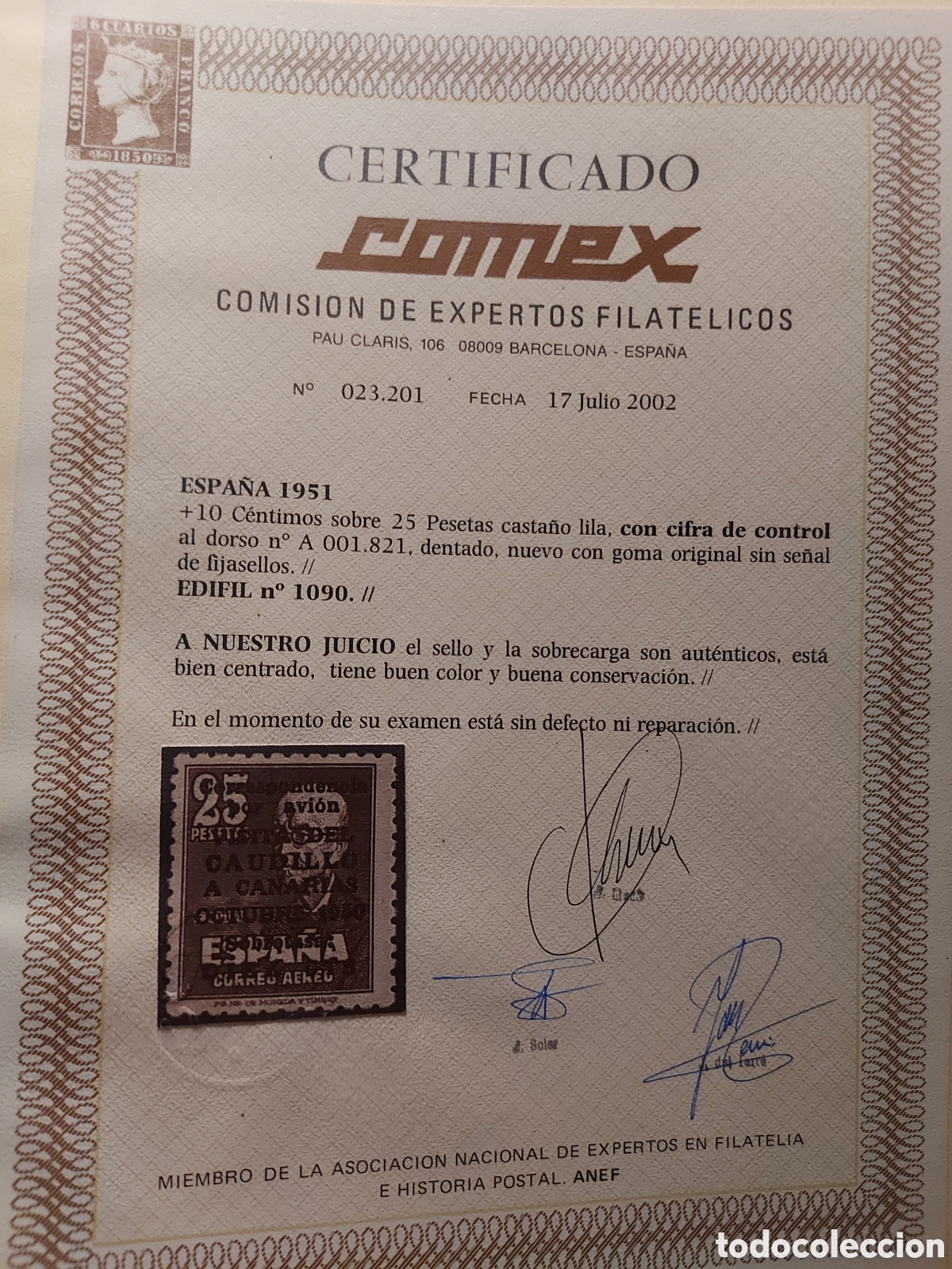 Stamps: 1951 VISITA CANARIAS CON N&ordm; EDIFIL 1090 ** NUEVO SIN FIJASELLOS, CERTIFICADO COMEX