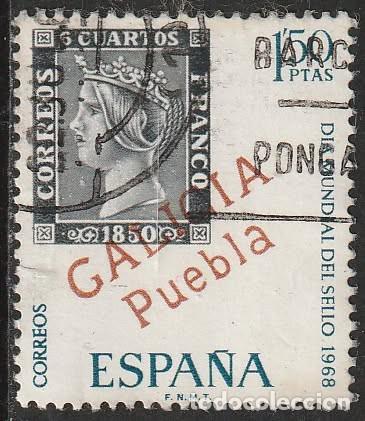 Sellos: Espa&ntilde;a 1968 Edifil 1869 Sello &ordm; Dia Mundial del Sello Galicia Puebla Marcas Preflilatelicas